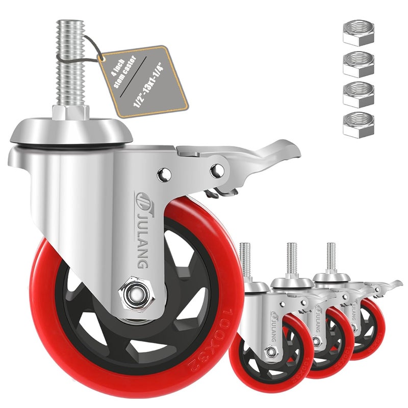 Julang 4 inch Caster Wheels, 1/2 Threaded Stem Casters Set of 4 Heavy Duty,1/2"-13 x1-1/4(Stem Diameter 1/2", 13 Threaeds Per Inch, Length 1.25"), Industrial Castor Wheels for Cart,Furniture - Image 1